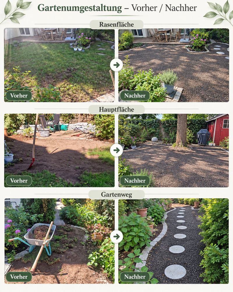 Gartenumgestaltung vorher und nachher: Rasenfläche, Hauptfläche und Gartenweg